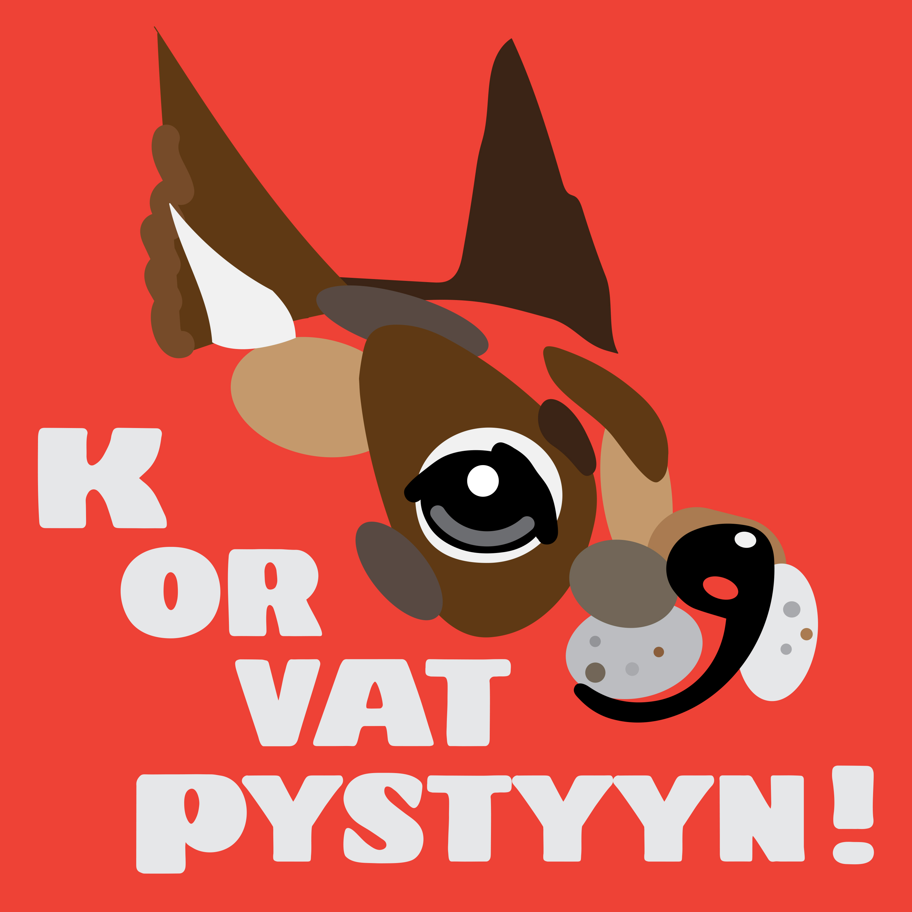 Podcastin logo, koira punaisella taustalla.