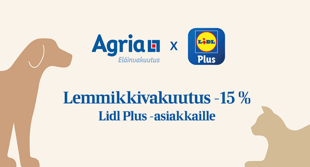 Agrian ja LIDL Plus -sovelluksen logot beigellä taustalla koira- ja kissagraffikoiden kanssa.