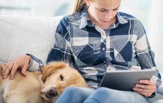 Nainen kävelee koiran kanssa ja katsoo iPadia.